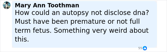 Comment discussing autopsy findings and questions about DNA in newborn found stuffed in cheerleader's closet case.