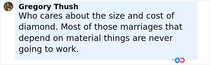 Comment by Gregory Thush in a social media post discussing engagement and materialism in marriage. Comment by Gregory Thush in a social media post discussing engagement and materialism in marriage.