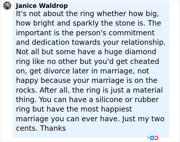 Facebook comment discussing engagement rings, emphasizing commitment over the ring in a viral woman's engagement post. Facebook comment discussing engagement rings, emphasizing commitment over the ring in a viral woman's engagement post.