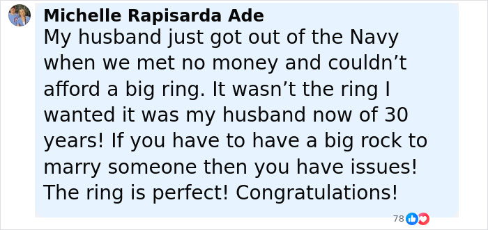 Comment on woman’s engagement post defending a simple ring and sharing a heartfelt message about love and marriage. Comment on woman’s engagement post defending a simple ring and sharing a heartfelt message about love and marriage.