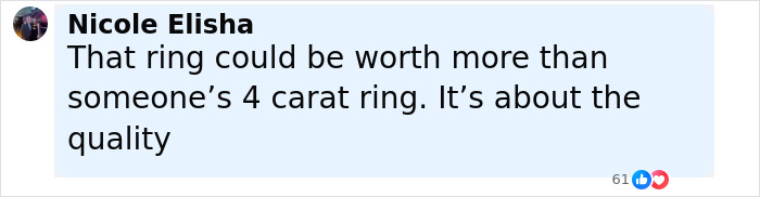 Comment by Nicole Elisha discussing the value of an engagement ring focusing on quality over carat size. Comment by Nicole Elisha discussing the value of an engagement ring focusing on quality over carat size.