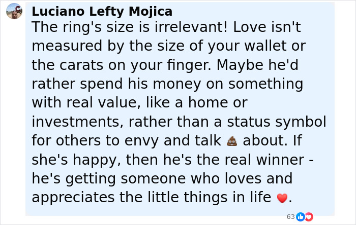 Comment on woman's engagement post emphasizing love over ring size, sparking viral reactions and debates online. Comment on woman's engagement post emphasizing love over ring size, sparking viral reactions and debates online.