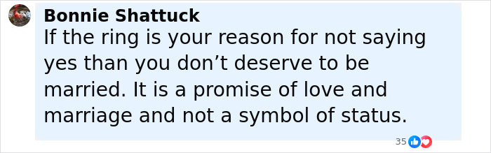 Comment from Bonnie Shattuck discussing reasons for not saying yes to an engagement ring and the meaning of marriage. Comment from Bonnie Shattuck discussing reasons for not saying yes to an engagement ring and the meaning of marriage.