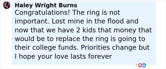 Comment on woman's engagement post discussing priorities and love, related to viral engagement post reactions. Comment on woman's engagement post discussing priorities and love, related to viral engagement post reactions.