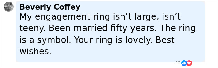 Screenshot of a social media comment discussing engagement ring size in a viral woman's engagement post conversation. Screenshot of a social media comment discussing engagement ring size in a viral woman's engagement post conversation.