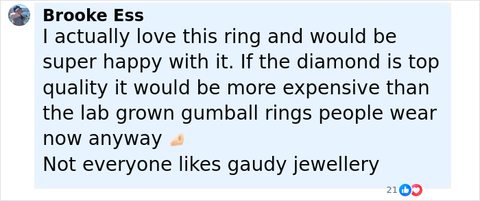 Comment expressing love for an engagement ring, discussing diamond quality and preferences in jewelry, engagement post viral debate. Comment expressing love for an engagement ring, discussing diamond quality and preferences in jewelry, engagement post viral debate.