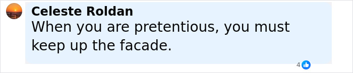 Comment by Celeste Roldan stating when you are pretentious you must keep up the facade in a social media engagement post. Comment by Celeste Roldan stating when you are pretentious you must keep up the facade in a social media engagement post.