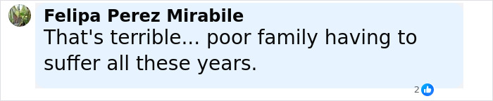 Facebook comment by Felipa Perez Mirabile expressing sympathy for the boy's family in a major cold case breakthrough.