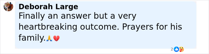 Comment on social media expressing heartbreak and prayers for the boy's family after major breakthrough in cold case.