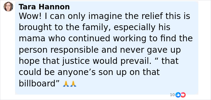 Comment expressing relief about breakthrough in cold case of boy two years after anonymous letter to police.