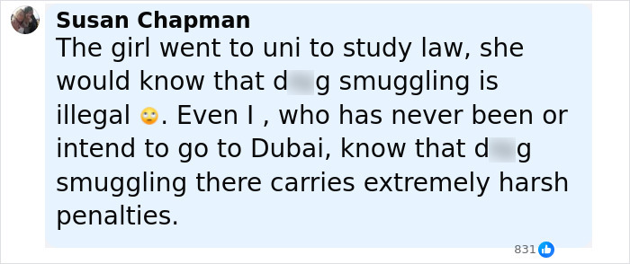 Comment by Susan Chapman discussing law student aware of drug smuggling penalties and harsh prison sentences in Dubai.