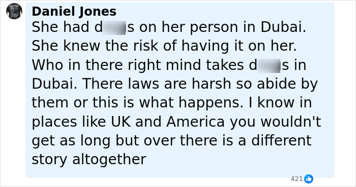 Comment discussing harsh Dubai laws as a glamorous law student faces 25 years in prison with mom pleading for help.