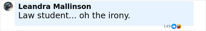 Comment stating Law student irony with profile picture of Leandra Mallinson and 149 reactions including likes and laughing emojis.