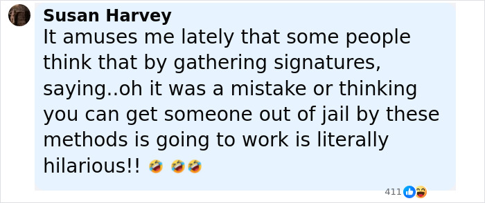 Facebook comment by Susan Harvey, expressing disbelief that gathering signatures can help get someone out of jail.