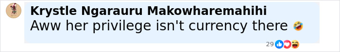Comment by Krystle Ngarauru Makowharemahihi discussing privilege in a sarcastic tone related to a Dubai prison case.