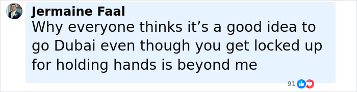 Comment from Jermaine Faal expressing disbelief about harsh prison sentences in Dubai for minor acts like holding hands.