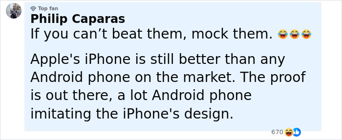Comment on Samsung brutally mocking new iPhone design, highlighting Android phones imitating iPhone after Apple launch. Comment on Samsung brutally mocking new iPhone design, highlighting Android phones imitating iPhone after Apple launch.