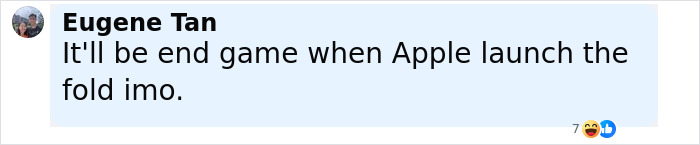 Comment by Eugene Tan discussing the end game when Apple launches a new fold phone after Samsung mocks the iPhone launch. Comment by Eugene Tan discussing the end game when Apple launches a new fold phone after Samsung mocks the iPhone launch.