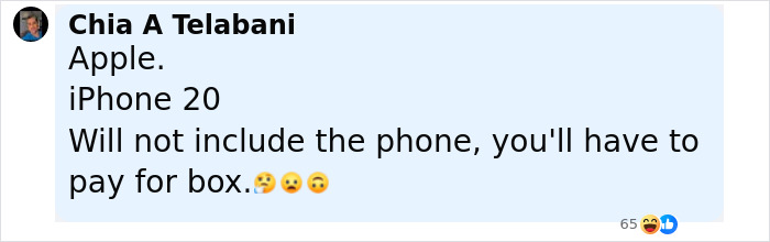 Screenshot of a social media comment joking that the new iPhone requires paying for the box, related to Samsung mocking iPhone. Screenshot of a social media comment joking that the new iPhone requires paying for the box, related to Samsung mocking iPhone.