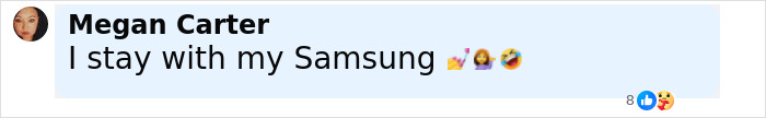 User comment on social media saying they prefer Samsung with emojis, related to Samsung mocking new iPhone launch. User comment on social media saying they prefer Samsung with emojis, related to Samsung mocking new iPhone launch.