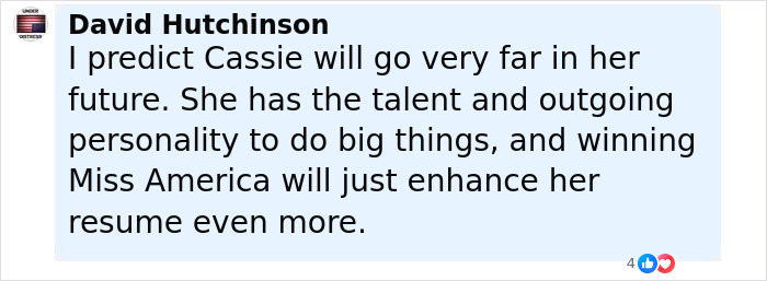 Comment praising Miss America Cassie's talent and potential, predicting success despite backlash over her look after winning.