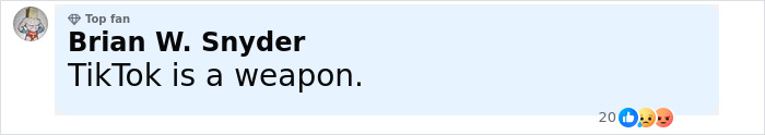 Comment stating TikTok is a weapon, highlighting reactions to viral TikTok trend causing catastrophic injuries.