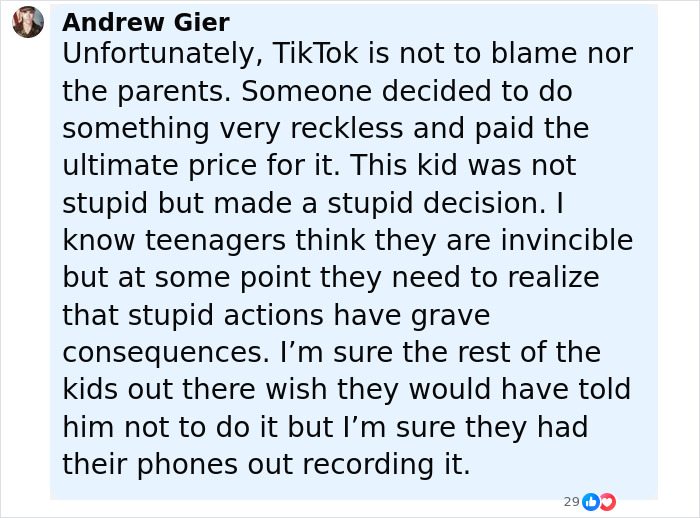 Comment from Andrew Gier discussing reckless actions leading to catastrophic injuries related to a viral TikTok trend.