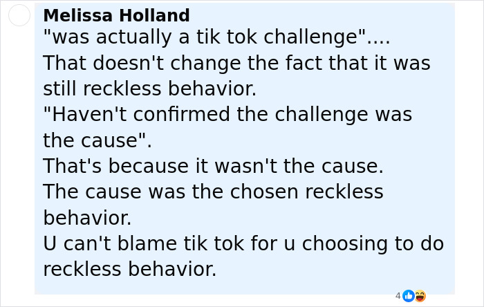 Comment discussing reckless behavior related to viral TikTok trend causing catastrophic injuries and lifeless 17-year-old.