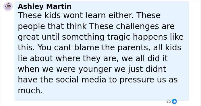 Alt text: Social media comment discussing viral TikTok trend and its tragic impact on teenagers causing catastrophic injuries.