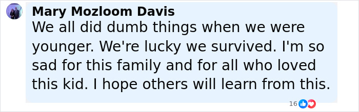 Comment from Mary Mozloom Davis expressing sympathy and hope others learn from viral TikTok trend causing catastrophic injuries.