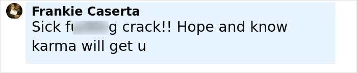 Comment by Frankie Caserta in black text on blue background expressing anger and hope for karma related to a brutal cold case solved after 52 years.