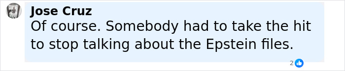 Comment by Jose Cruz discussing stopping conversations about the Epstein files in a social media post. Comment by Jose Cruz discussing stopping conversations about the Epstein files in a social media post.