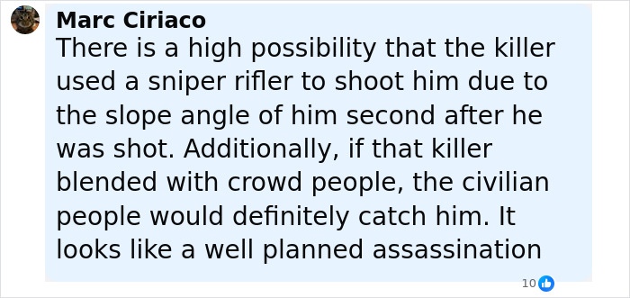 Comment describing sniper use in horrific last moments of Charlie Kirk, amid ongoing manhunt for the culprit. Comment describing sniper use in horrific last moments of Charlie Kirk, amid ongoing manhunt for the culprit.