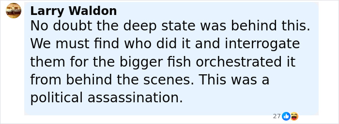 Comment by Larry Waldon claiming political assassination in discussion about Charlie Kirk's last moments and ongoing manhunt. Comment by Larry Waldon claiming political assassination in discussion about Charlie Kirk's last moments and ongoing manhunt.