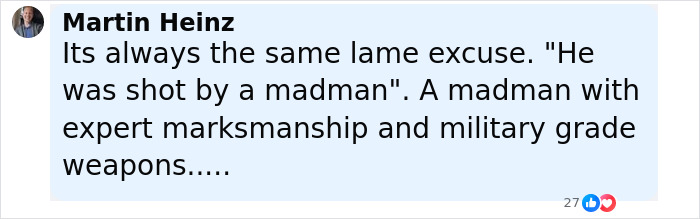 Comment by Martin Heinz discussing a shooting incident involving expert marksmanship and military-grade weapons. Comment by Martin Heinz discussing a shooting incident involving expert marksmanship and military-grade weapons.
