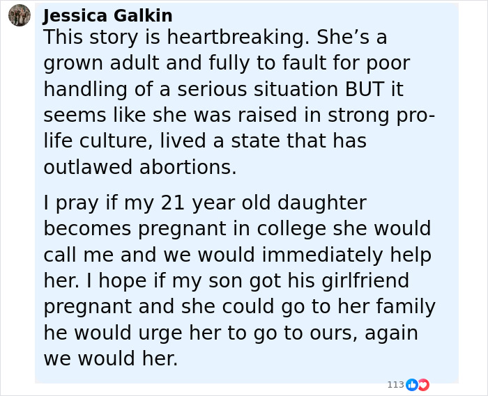 Comment discussing a heartbreaking story about a cheerleader and pregnancy challenges in college and family support.