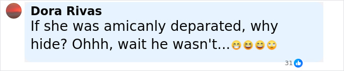 Facebook comment by Dora Rivas questioning the amicable separation amid divorce involving husband of woman caught with CEO. Facebook comment by Dora Rivas questioning the amicable separation amid divorce involving husband of woman caught with CEO.