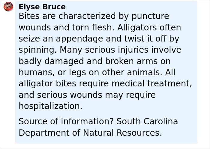 Text excerpt about alligator bites and injuries from South Carolina Department of Natural Resources.