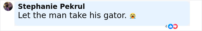 Text message from Stephanie Pekrul reading Let the man take his gator with a crying emoji discussing emotional support alligator story.