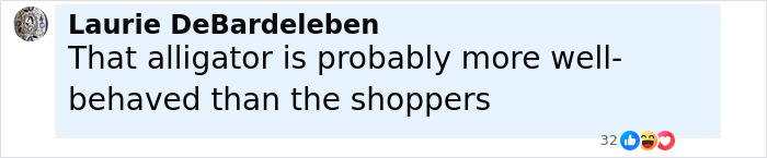 Comment about emotional support alligator being better behaved than shoppers, related to alligator banned from Walmart.