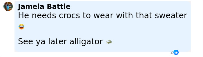 Comment about needing crocs to wear with a sweater and saying see ya later alligator with an alligator emoji.
