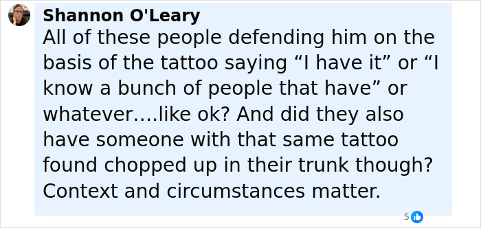 Comment from Shannon O'Leary discussing tattoos and context in connection to singer linked to missing girl case.