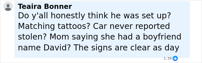 Comment discussing tattoo and car clues linking singer to girl missing for over a year in a social media post.