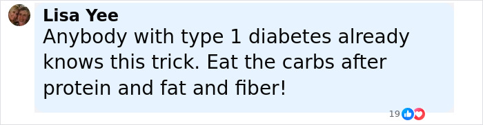 Comment by Lisa Yee discussing a biohacking trick for managing type 1 diabetes to stay fit with carbs after protein and fiber.