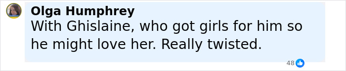 Comment by Olga Humphrey discussing connections related to Jeffrey Epstein&rsquo;s 50th birthday book and suggestive photos.