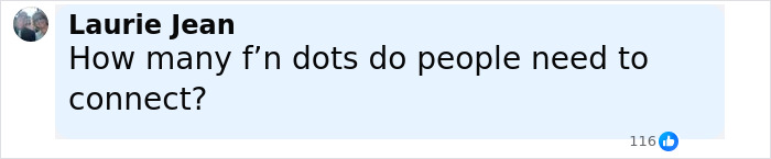 Comment by Laurie Jean asking how many dots people need to connect related to Jeffrey Epstein's 50th birthday book.