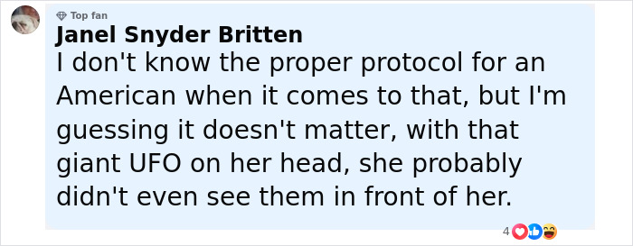 Comment by Janel Snyder Britten discussing Melania Trump’s headwear and curtsy protocol during British royal state visit. Comment by Janel Snyder Britten discussing Melania Trump’s headwear and curtsy protocol during British royal state visit.