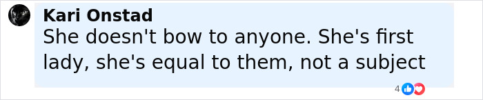 Comment about Melania Trump not curtsying to British royals, emphasizing her status as first lady and equality. Comment about Melania Trump not curtsying to British royals, emphasizing her status as first lady and equality.