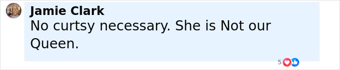 Comment saying no curtsy was necessary and she is not the Queen, relating to Melania Trump and British royals. Comment saying no curtsy was necessary and she is not the Queen, relating to Melania Trump and British royals.
