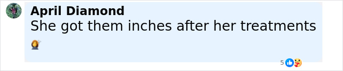 Comment by April Diamond on social media, discussing hair treatment results with emojis, responding to hair-related topic. Comment by April Diamond on social media, discussing hair treatment results with emojis, responding to hair-related topic.
